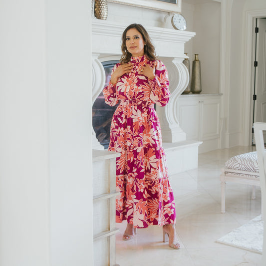 Long Sleeve Floral Maxi Dress Magenta