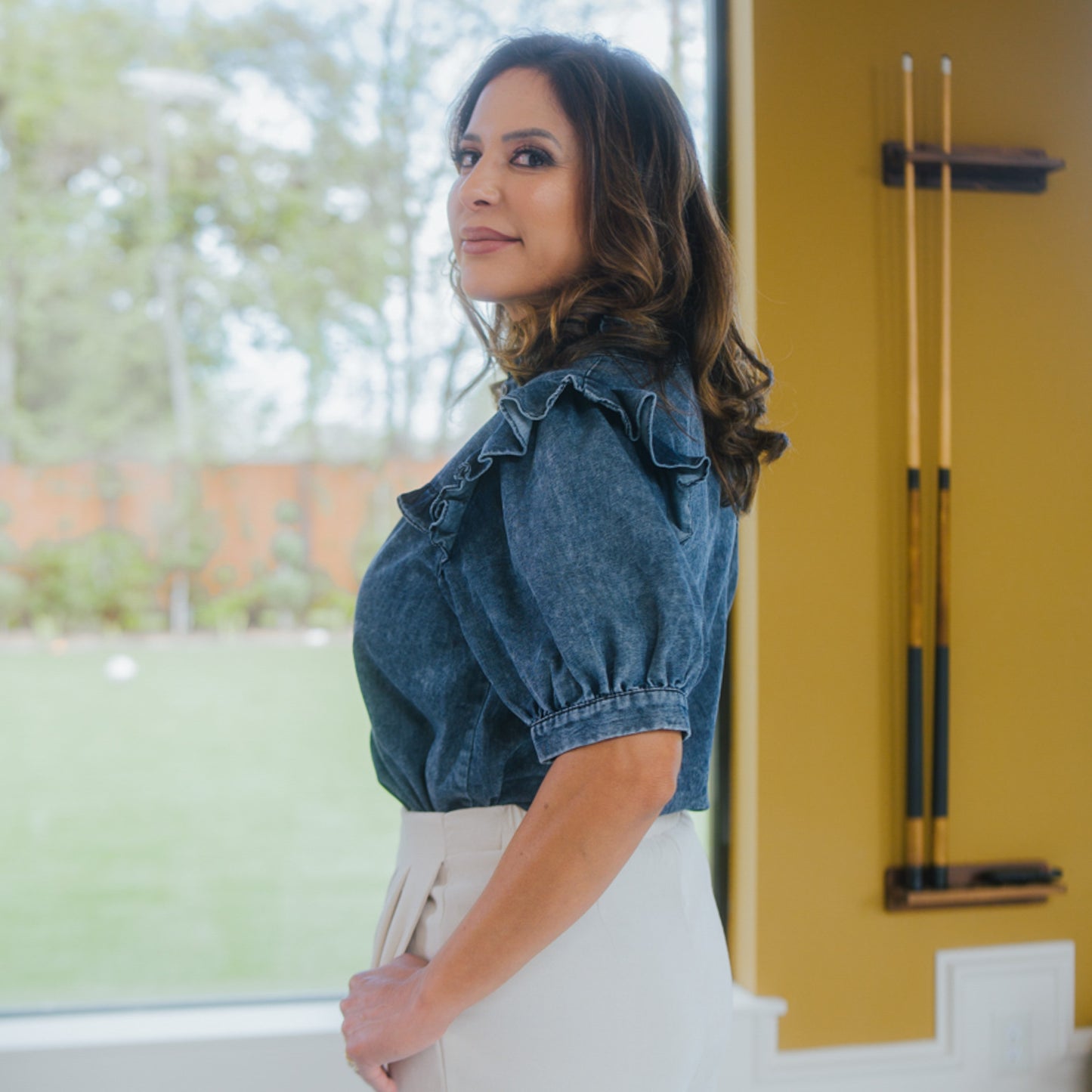 Denim Short Sleeve Shirt Ruffle Detail Blue