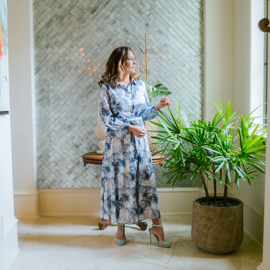 Long Sleeve Maxi Dress Abstract Print Gray