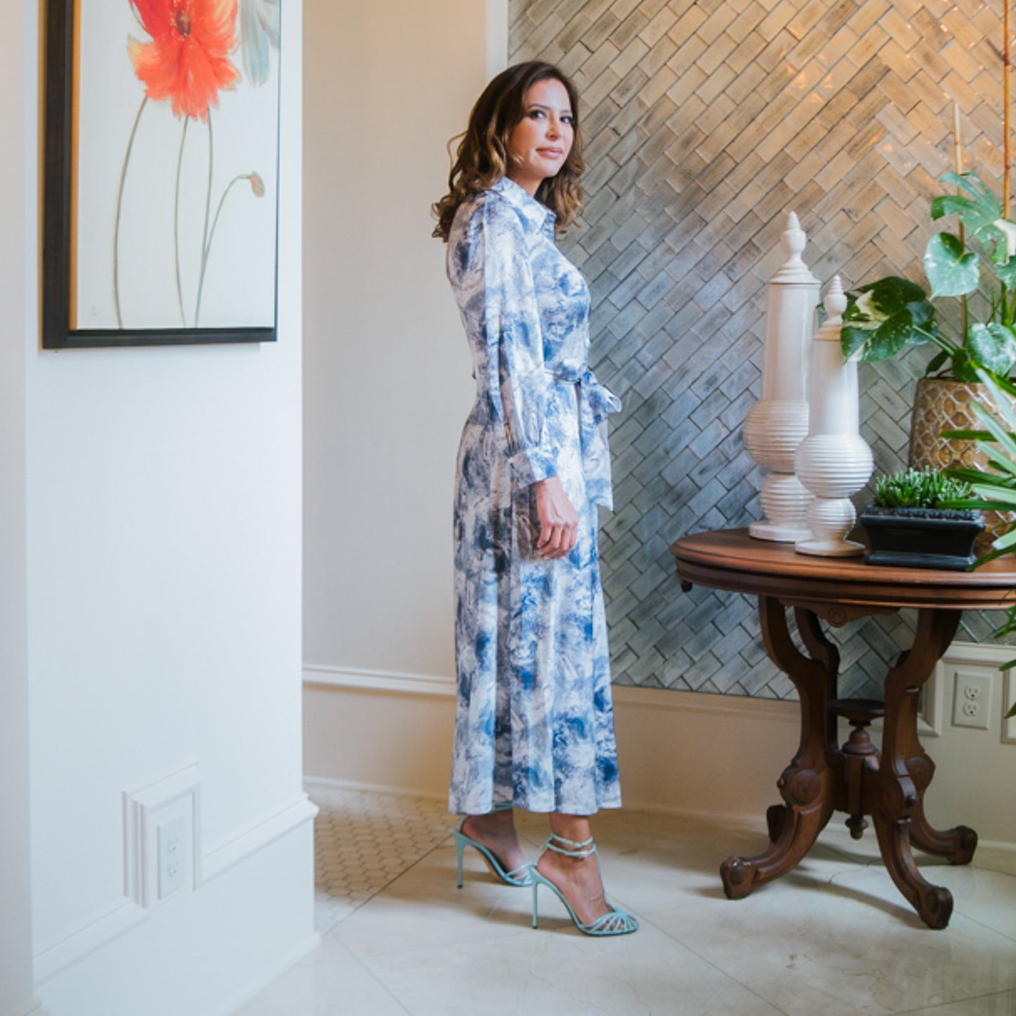 Long Sleeve Maxi Dress Abstract Print Gray