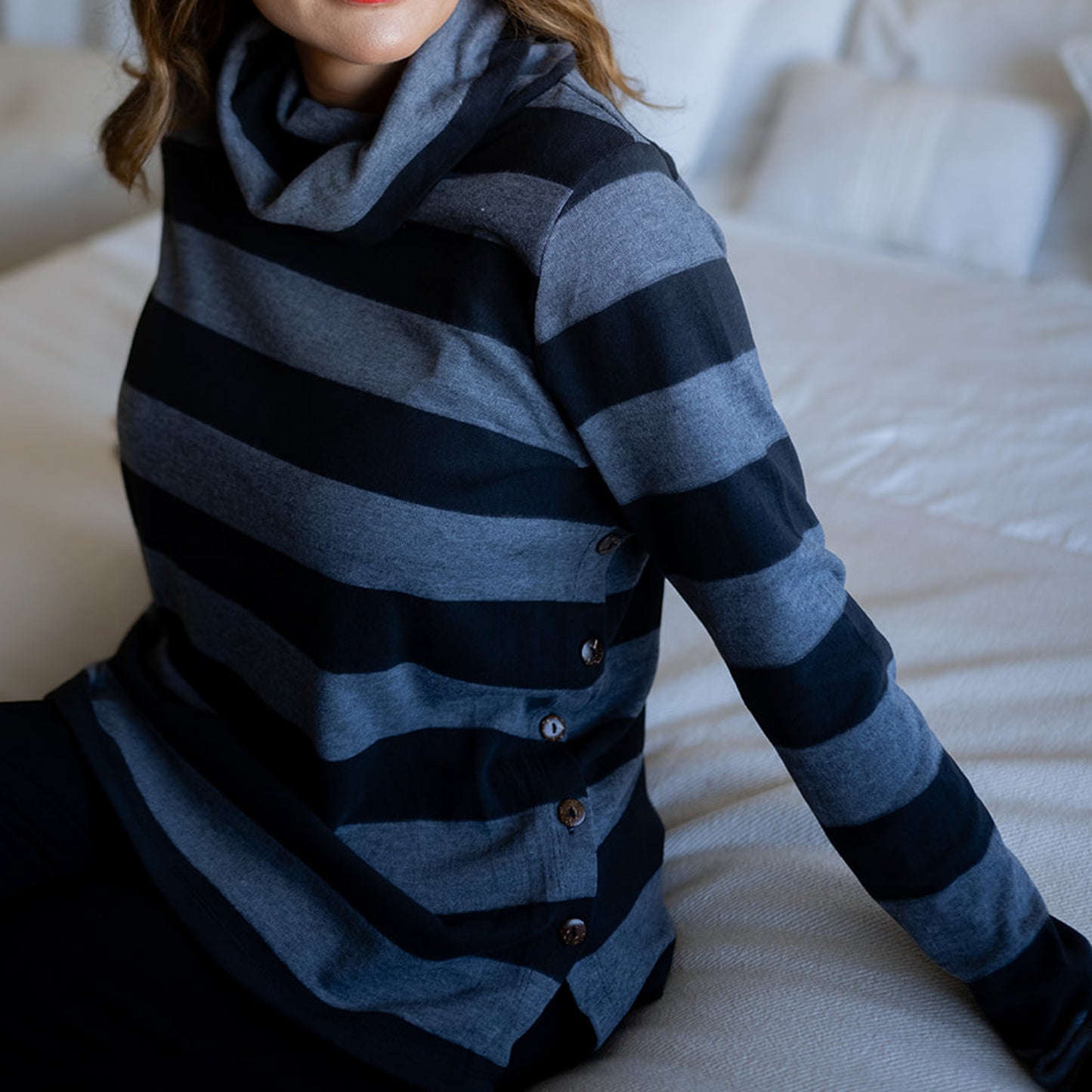Cowl Neck Striped Top Gray Black