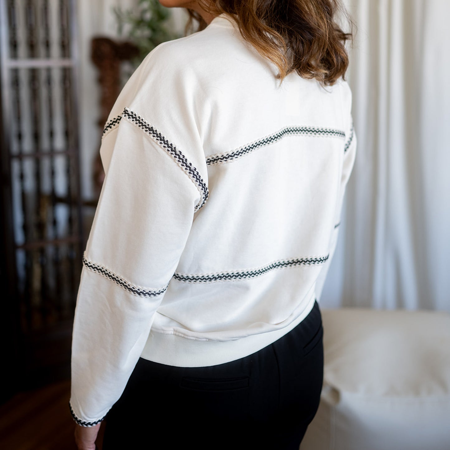 Cream Sweatshirt Black Crochet Stripes