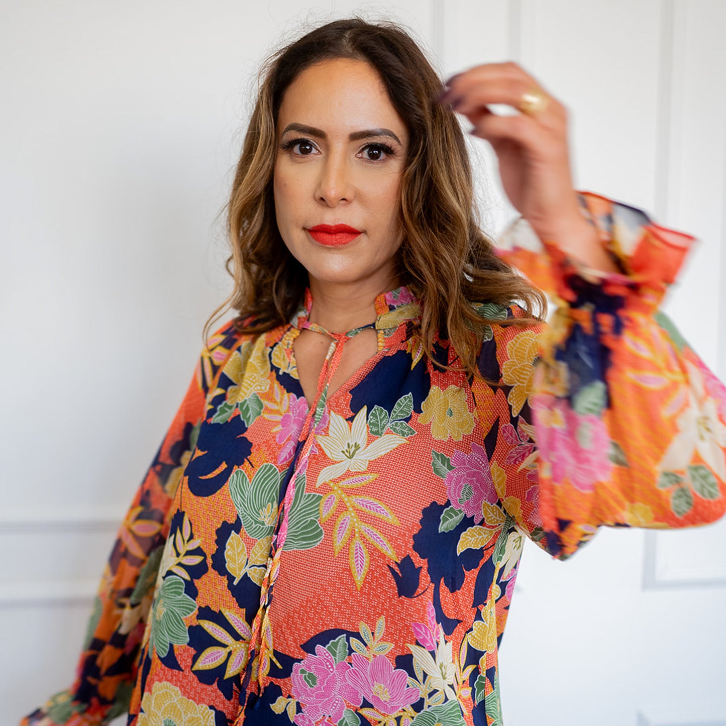 Long Sleeve Tie Neck Floral Print Top