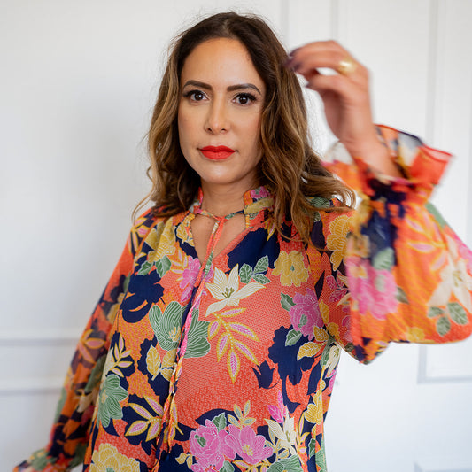 Long Sleeve Tie Neck Floral Print Top