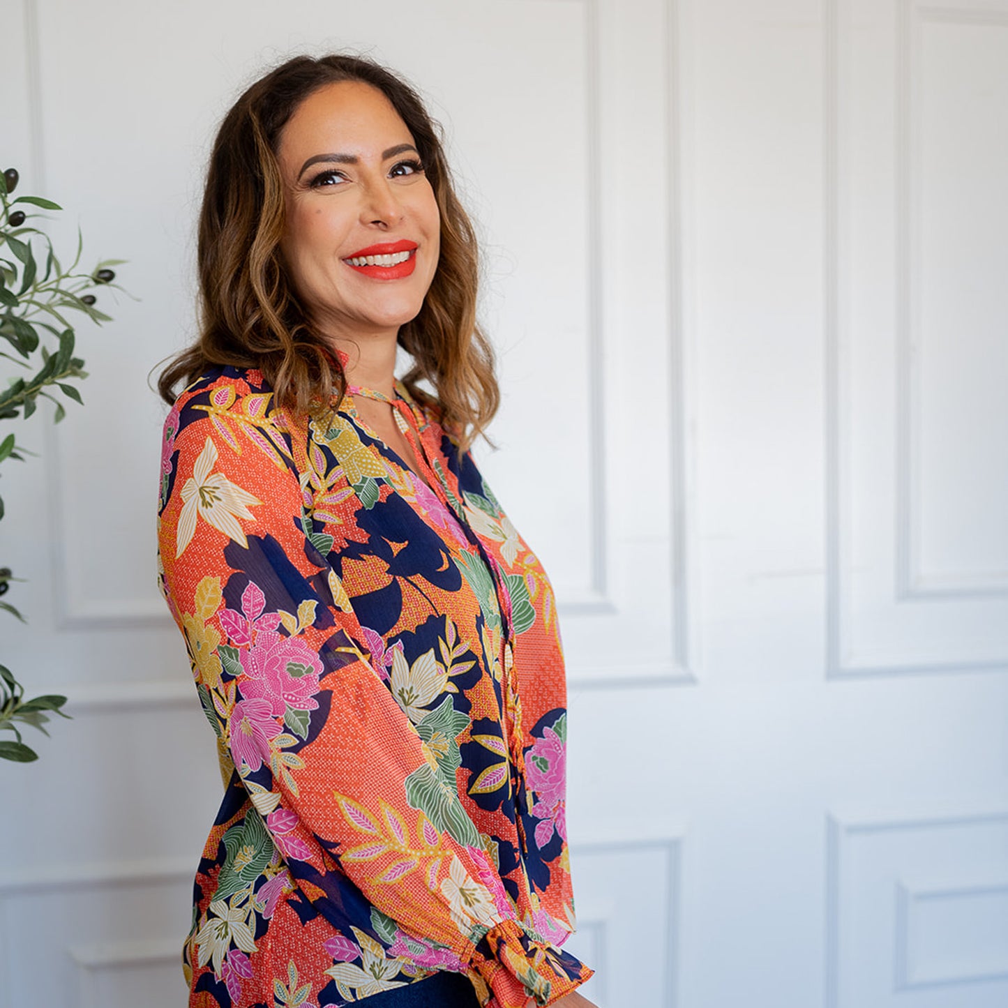 Long Sleeve Tie Neck Floral Print Top