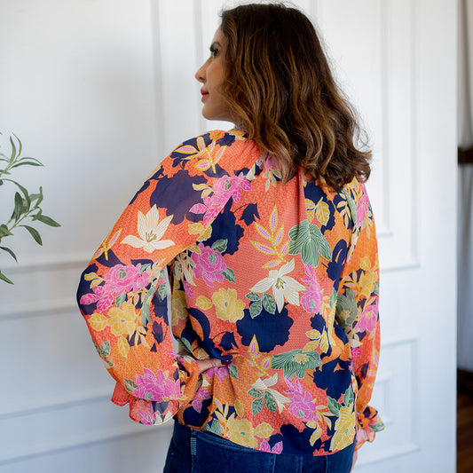Long Sleeve Tie Neck Floral Print Top