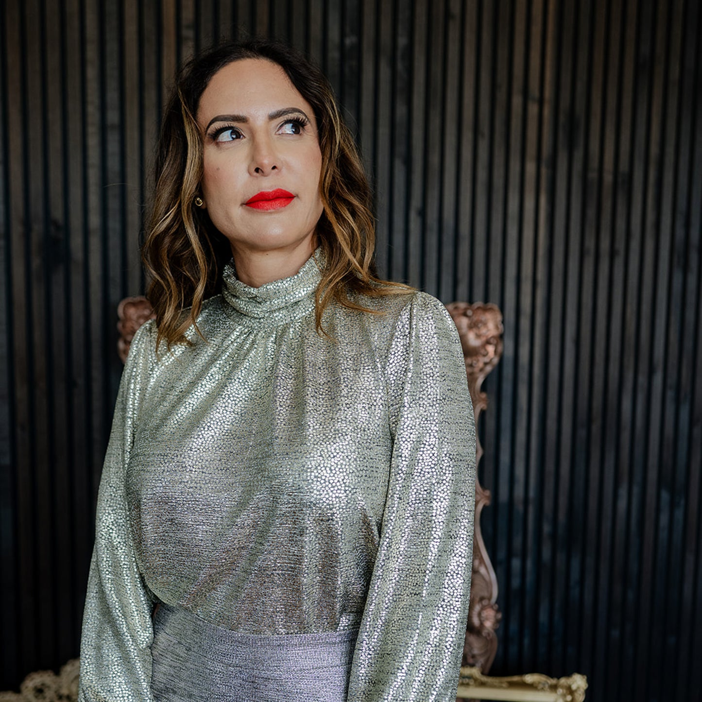 Metallic Long Sleeve Blouse Champagne