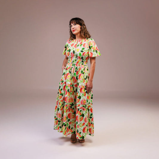 Short Sleeve Maxi Dress Smocked Waist Green Floral