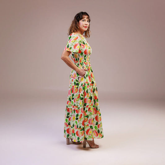 Short Sleeve Maxi Dress Smocked Waist Green Floral