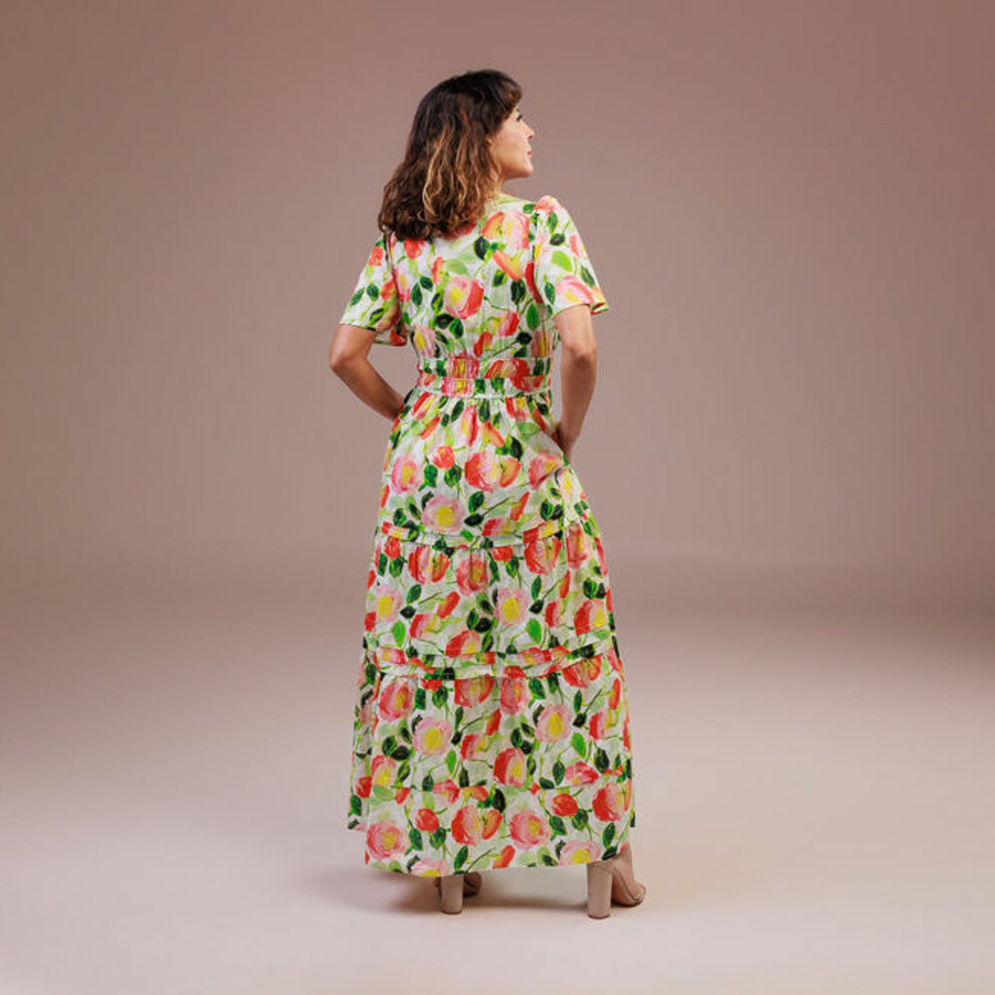 Short Sleeve Maxi Dress Smocked Waist Green Floral
