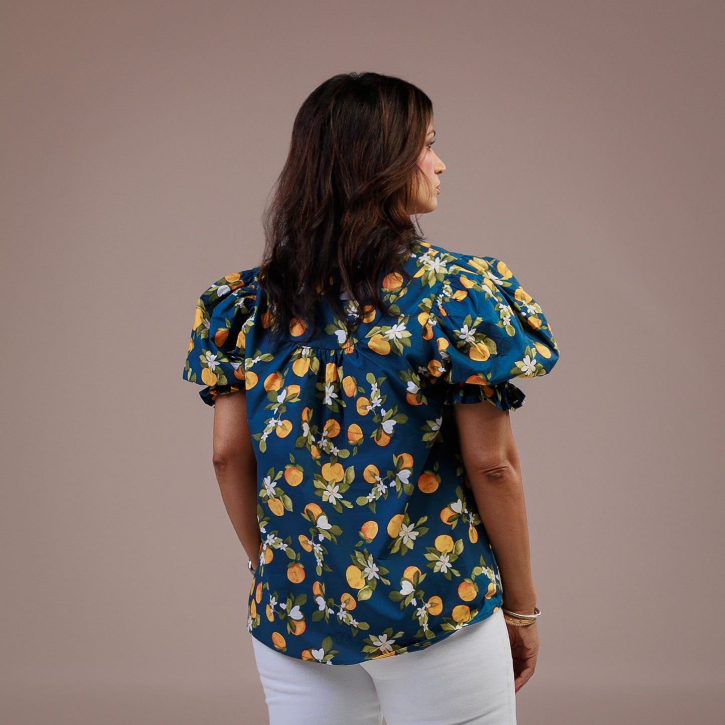 Short Sleeve V-neck Puff Sleeve Top Orange Print Navy