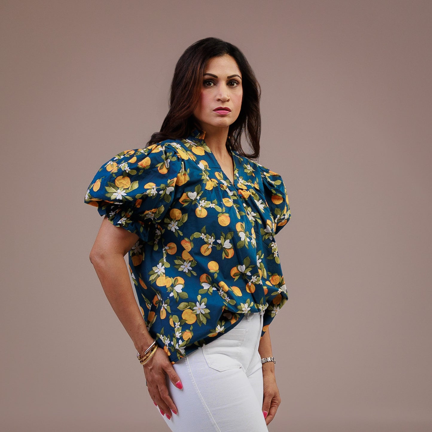 Short Sleeve V-neck Puff Sleeve Top Orange Print Navy