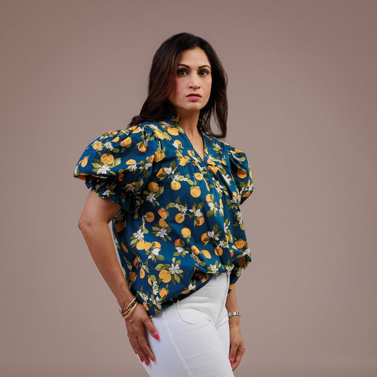 Short Sleeve V-neck Puff Sleeve Top Orange Print Navy
