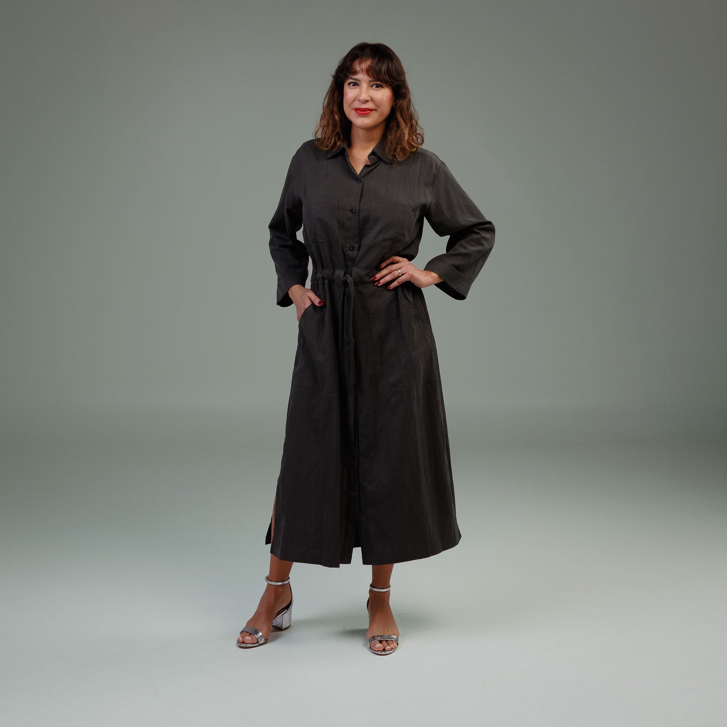 Long Sleeve Utility Shirt Dress Charcoal