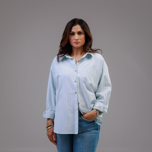Long Sleeve Oversized Button Down Shirt Sky Blue