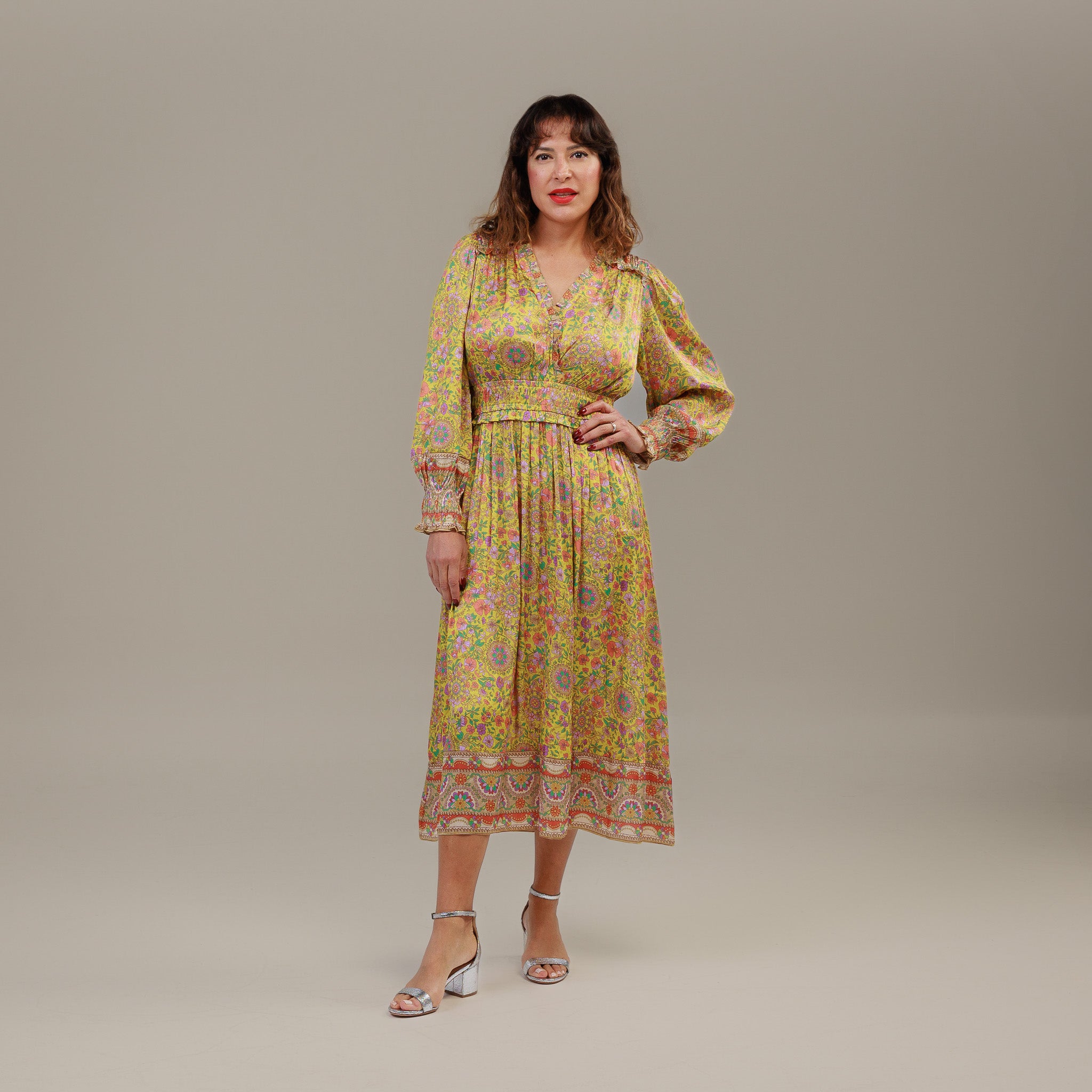 long sleeve yellow floral dress Long Sleeve Midi Dress Floral Print Yellow XS