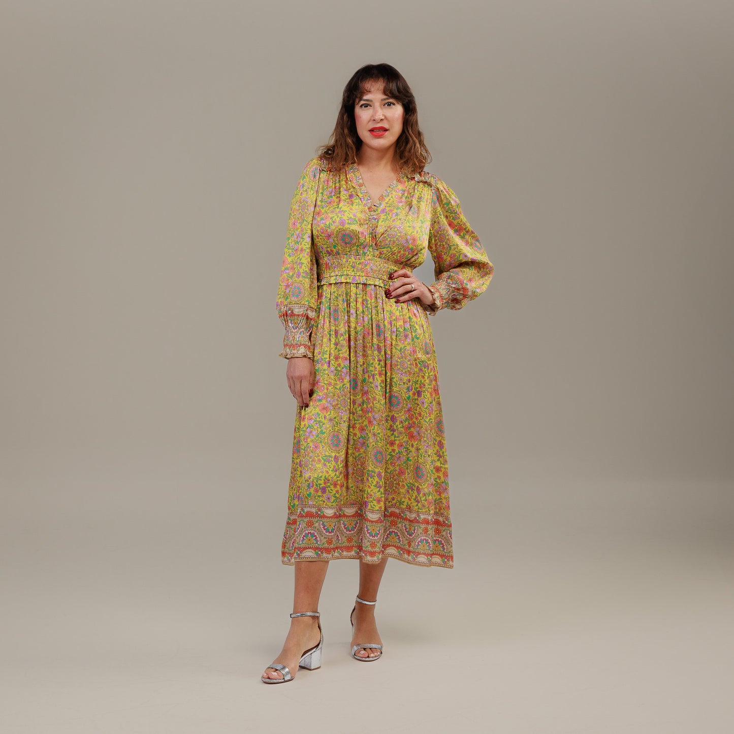 Long Sleeve Midi Dress Floral Print Yellow