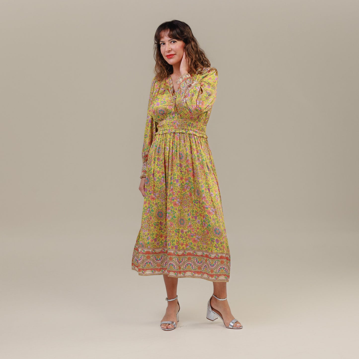 Long Sleeve Midi Dress Floral Print Yellow
