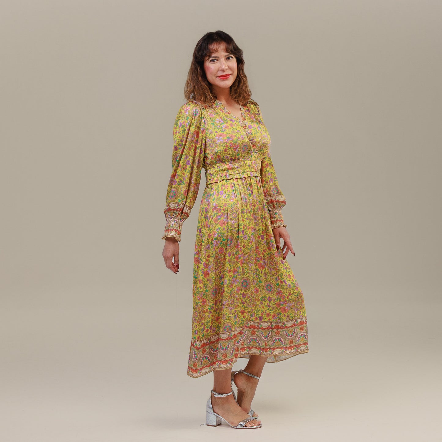 Long Sleeve Midi Dress Floral Print Yellow