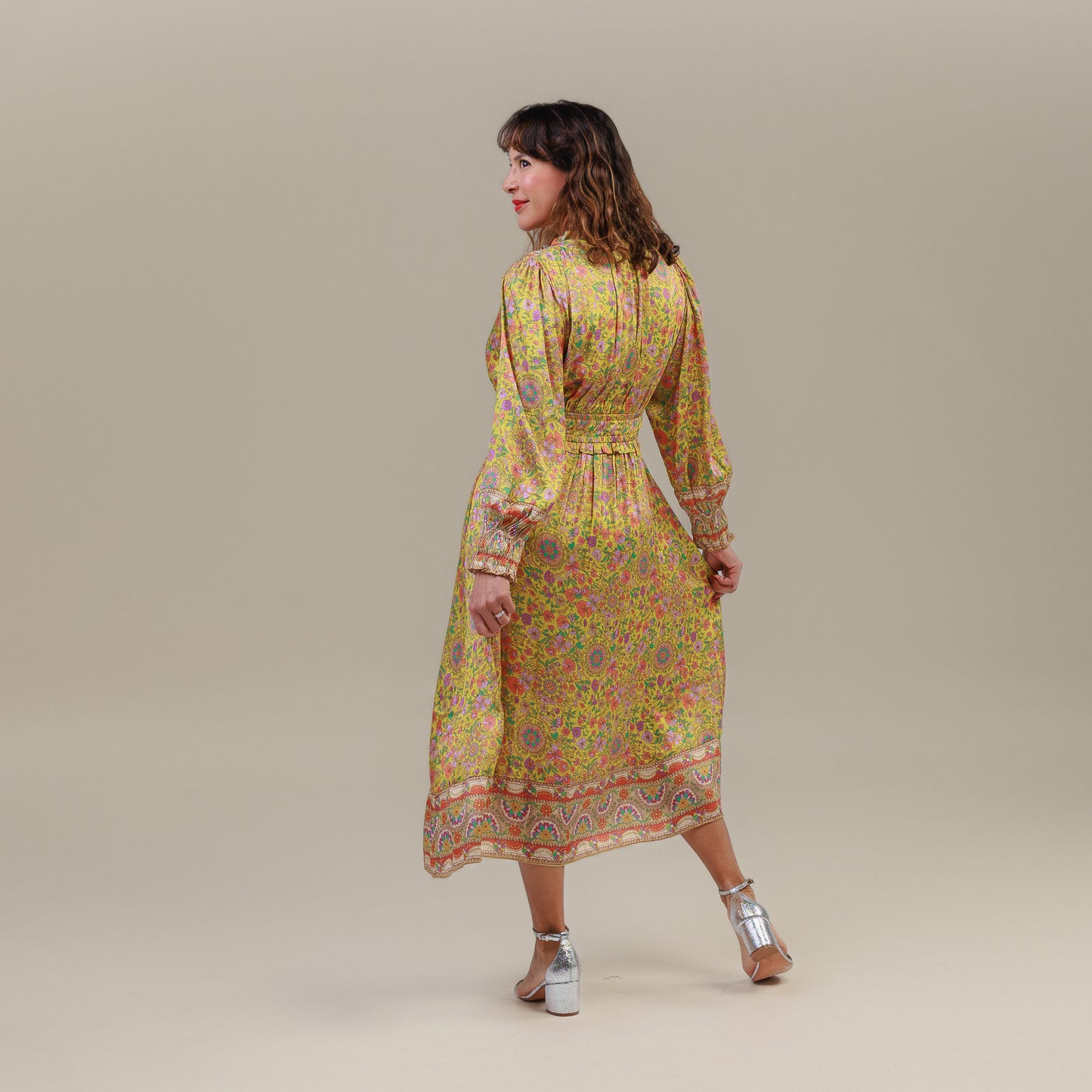 Long Sleeve Midi Dress Floral Print Yellow