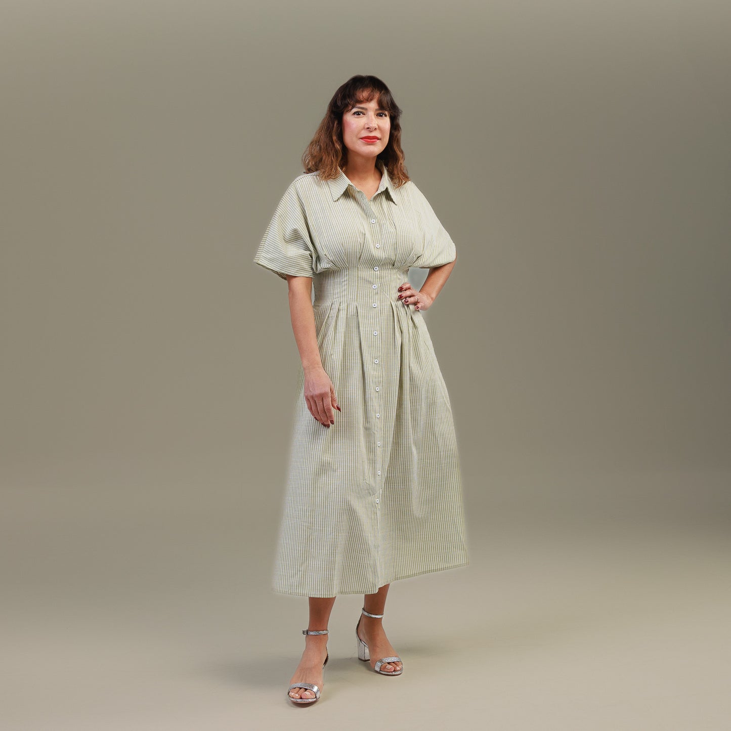 Short Sleeve Button Front Pleated Midi Dress Sage Green