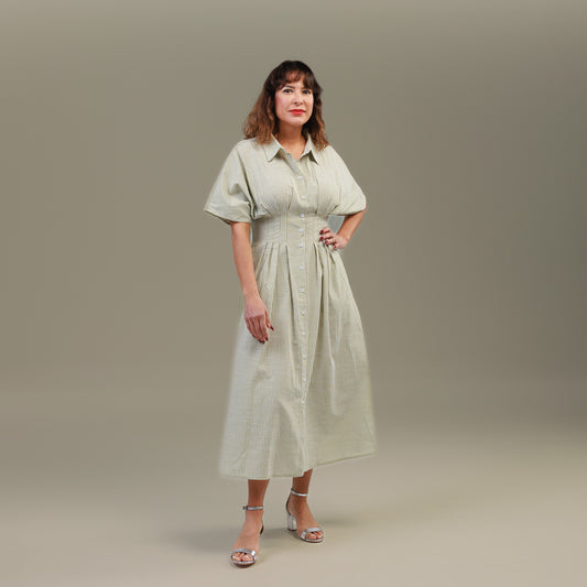 Short Sleeve Button Front Pleated Midi Dress Sage Green