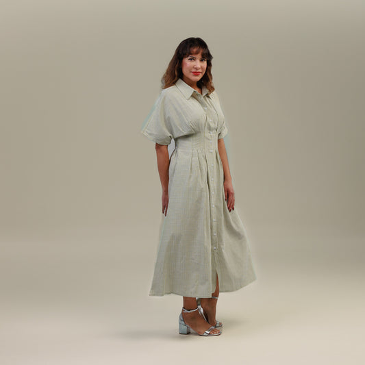 Short Sleeve Button Front Pleated Midi Dress Sage Green
