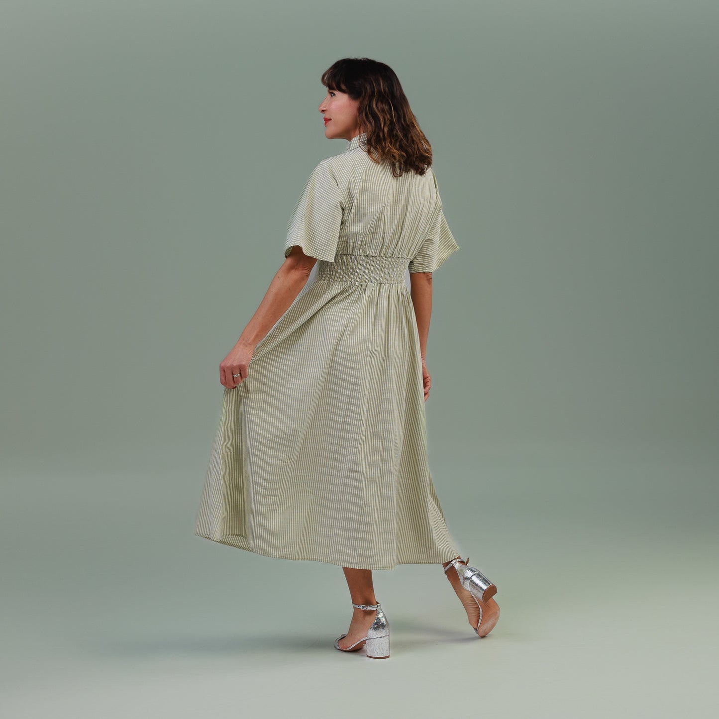 Short Sleeve Button Front Pleated Midi Dress Sage Green