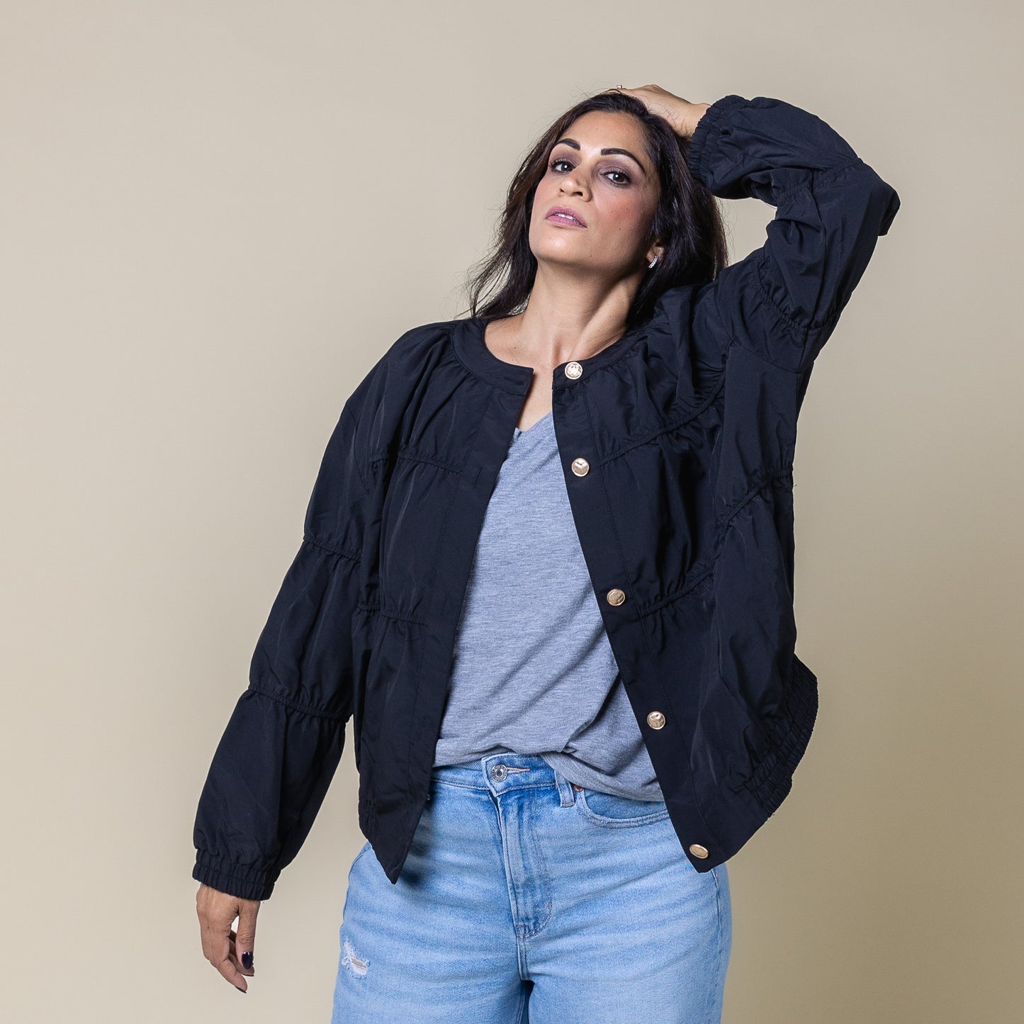 Gold Button Bomber Jacket Black
