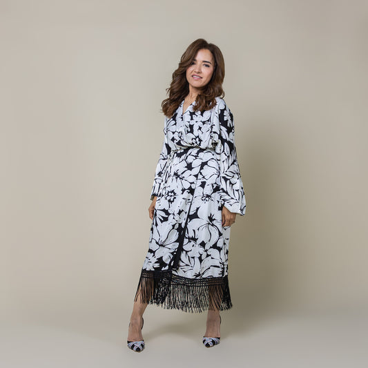 Long Sleeve Wrap Midi Dress Fringe Hem