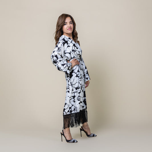 Long Sleeve Wrap Midi Dress Fringe Hem