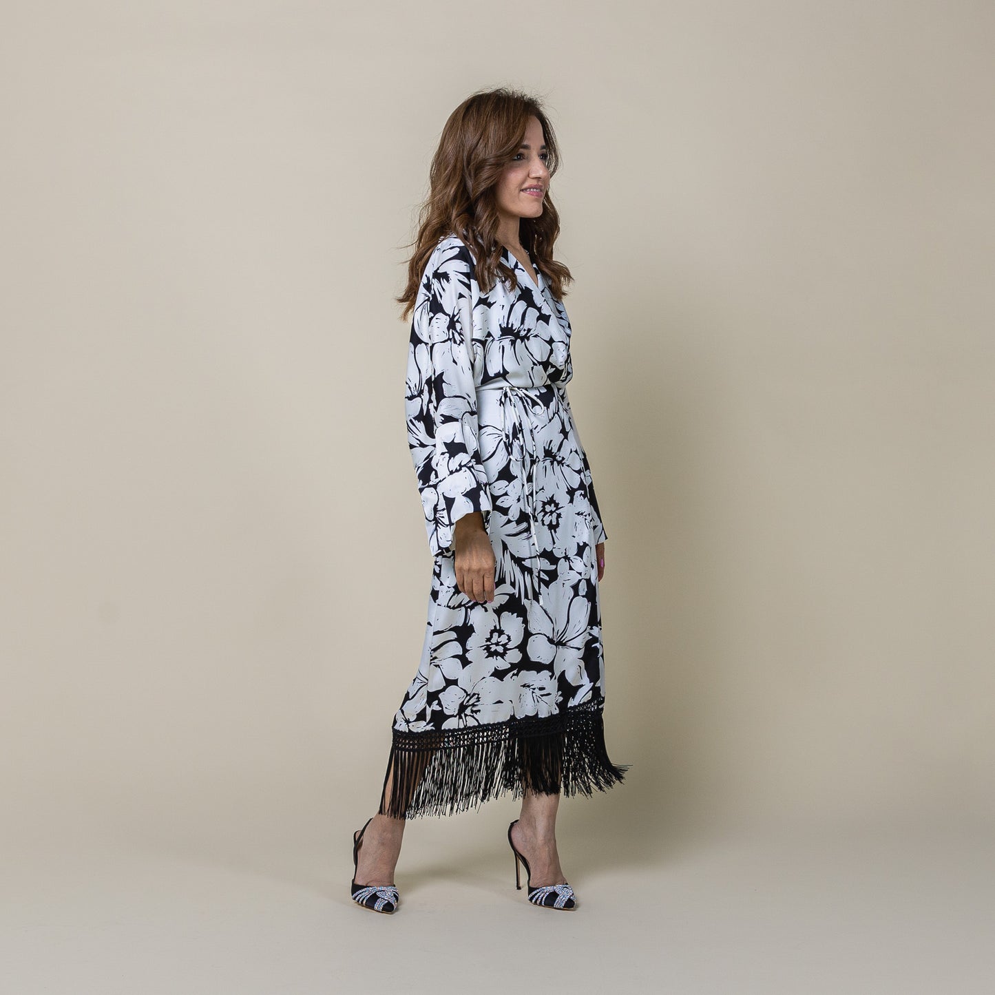 Long Sleeve Wrap Midi Dress Fringe Hem