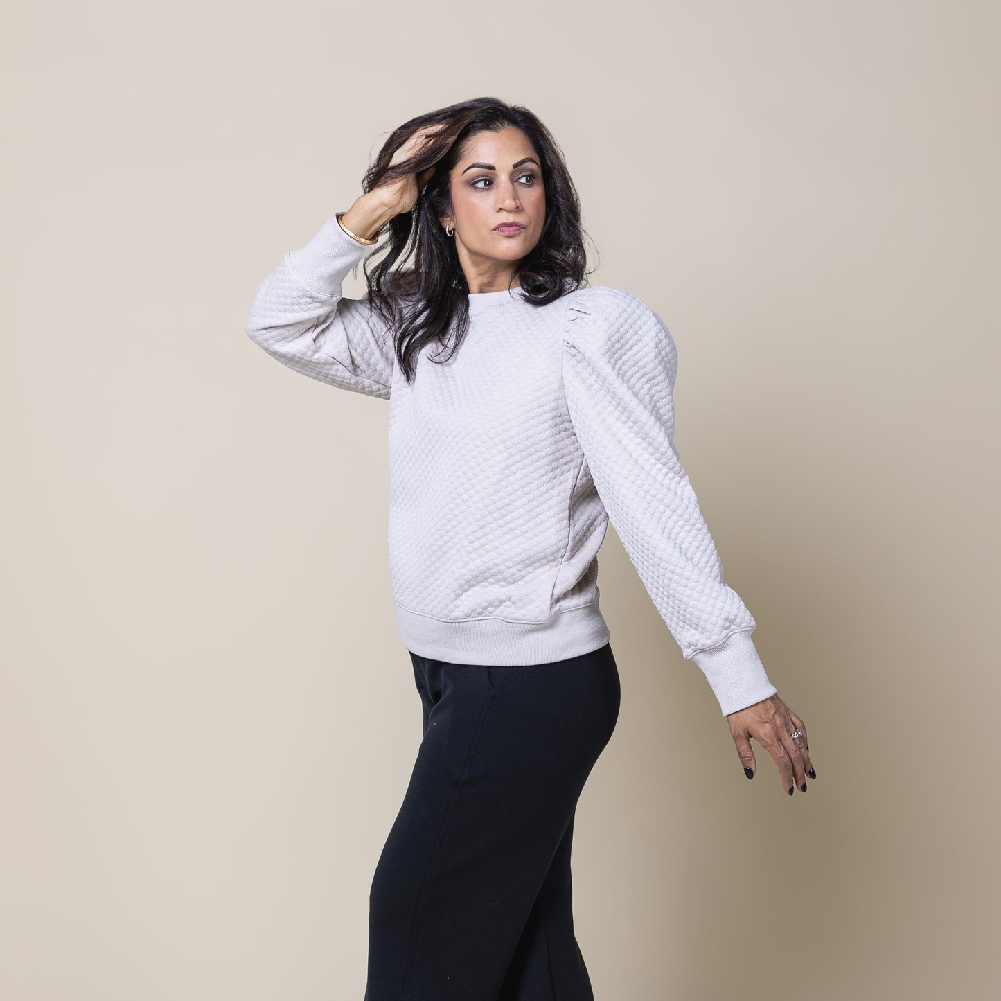 Puff Sleeve Textured Sweatshirt Beige