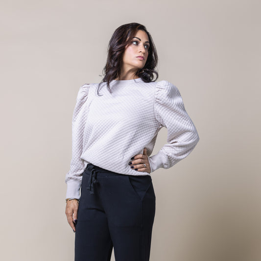 Puff Sleeve Textured Sweatshirt Beige