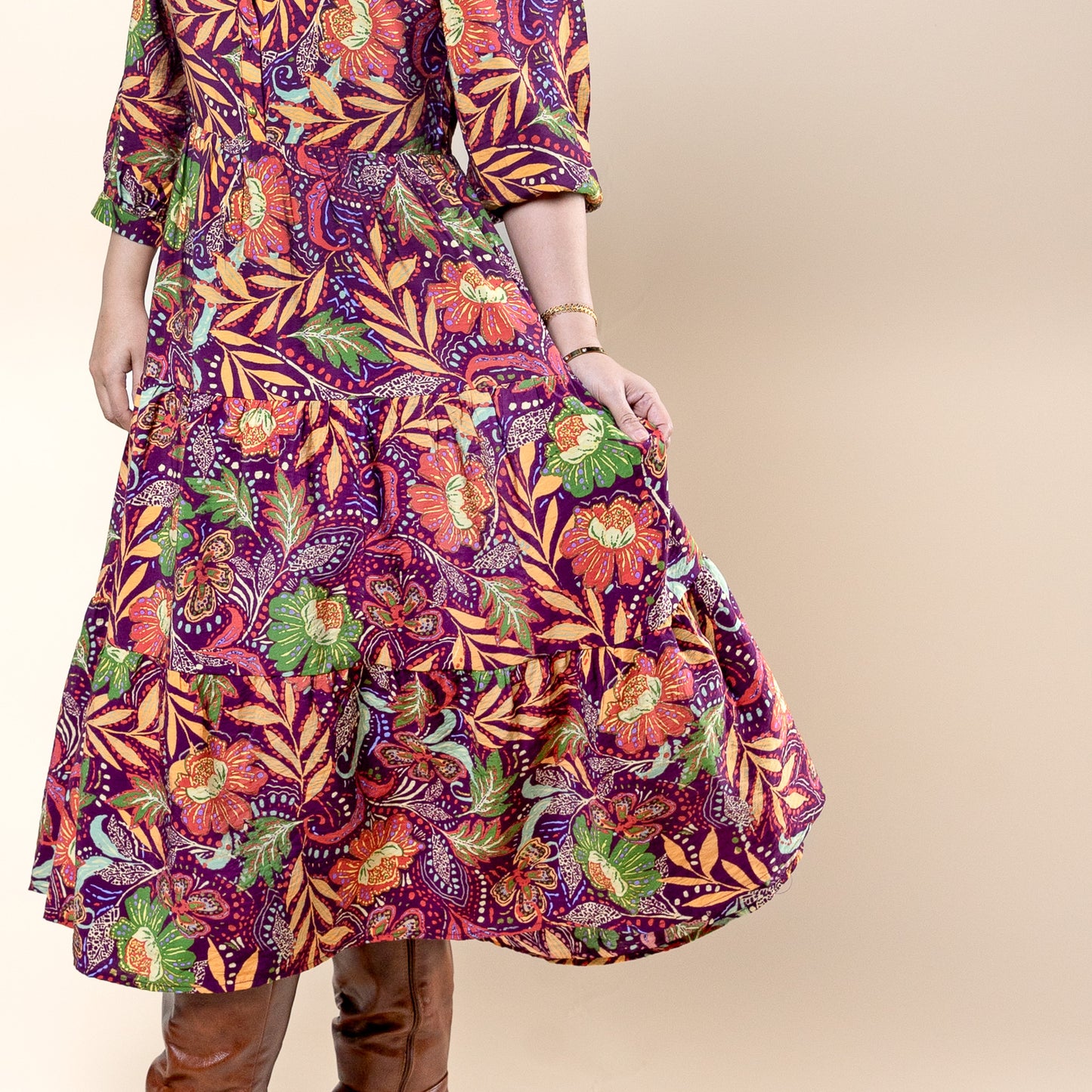 3/4 Sleeve Midi Dress Burgundy Print