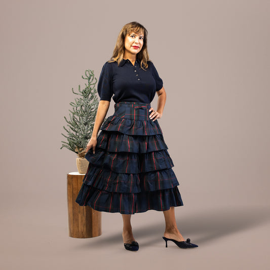Tartan Tiered Midi Skirt Navy