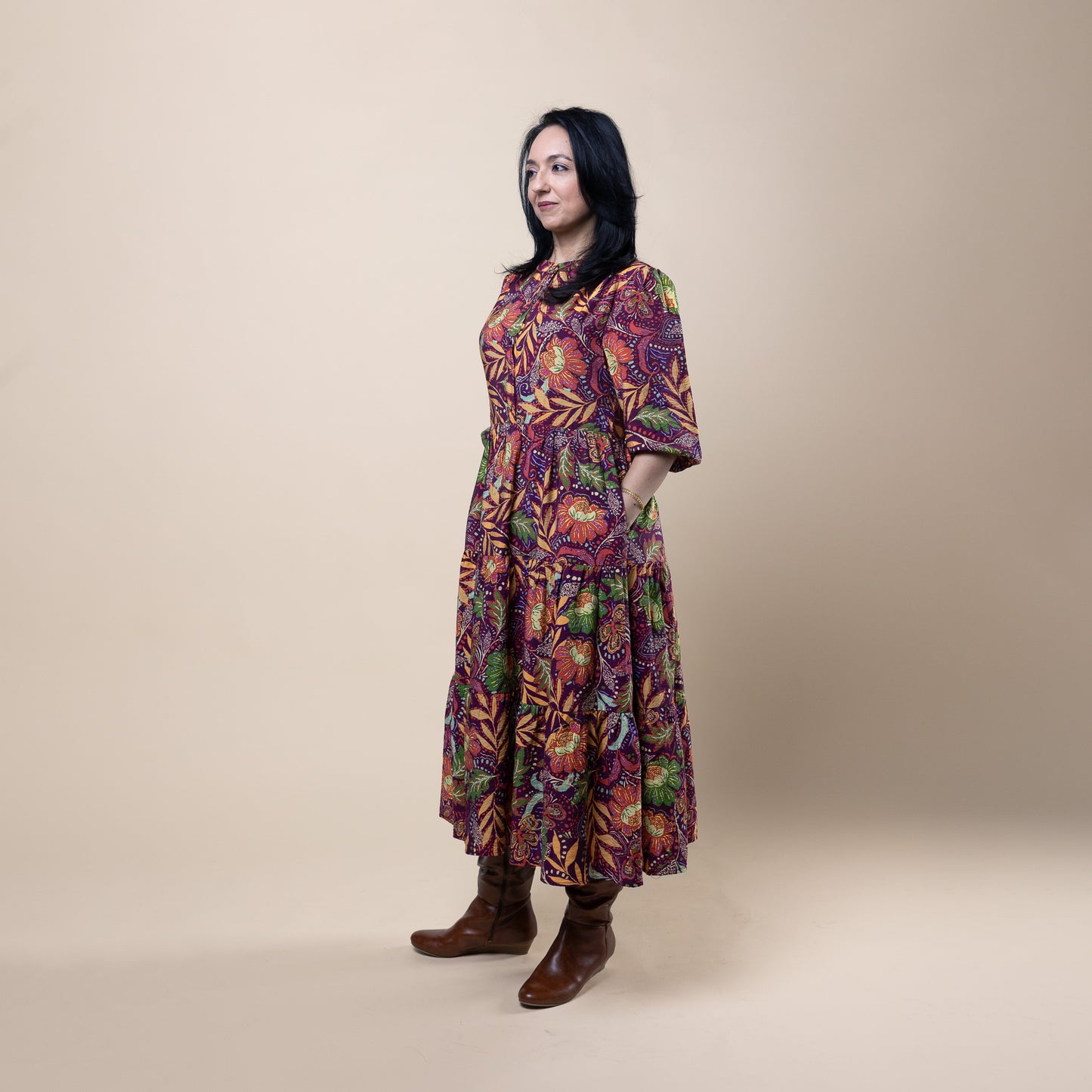 3/4 Sleeve Midi Dress Burgundy Print