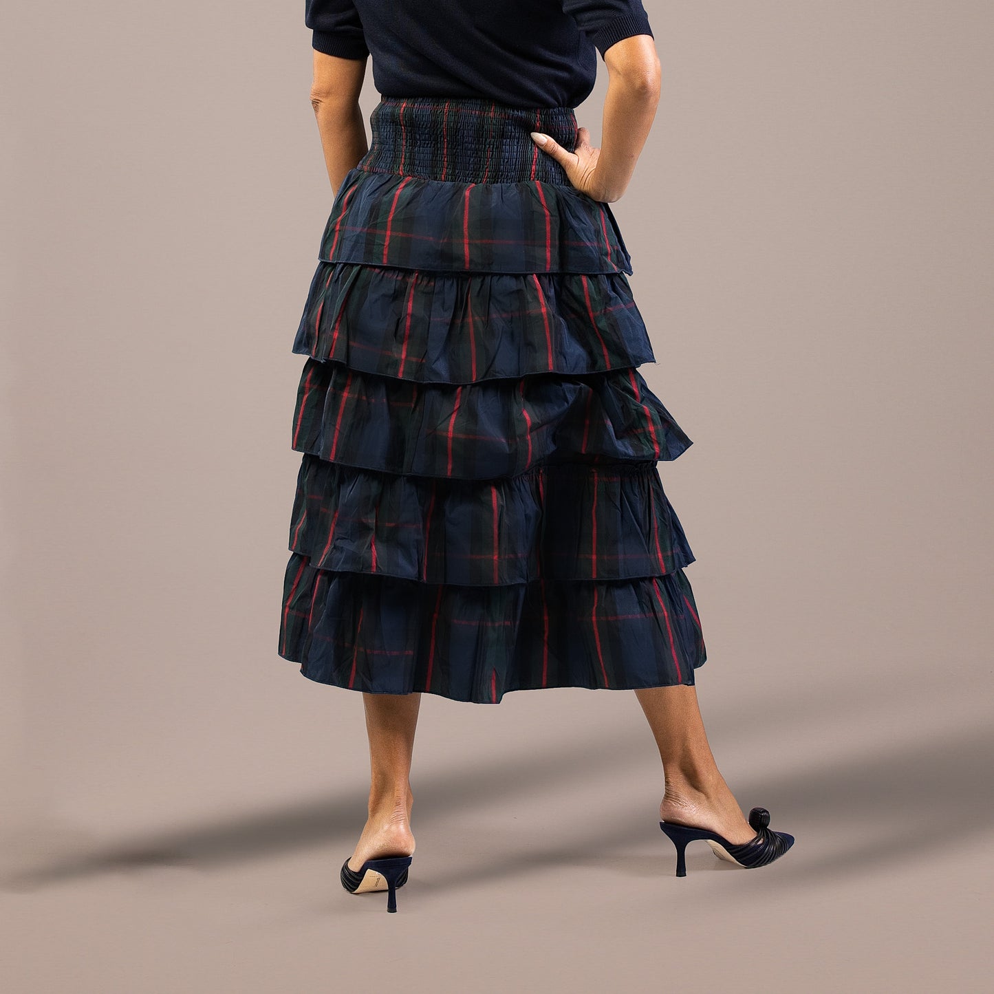 Tartan Tiered Midi Skirt Navy