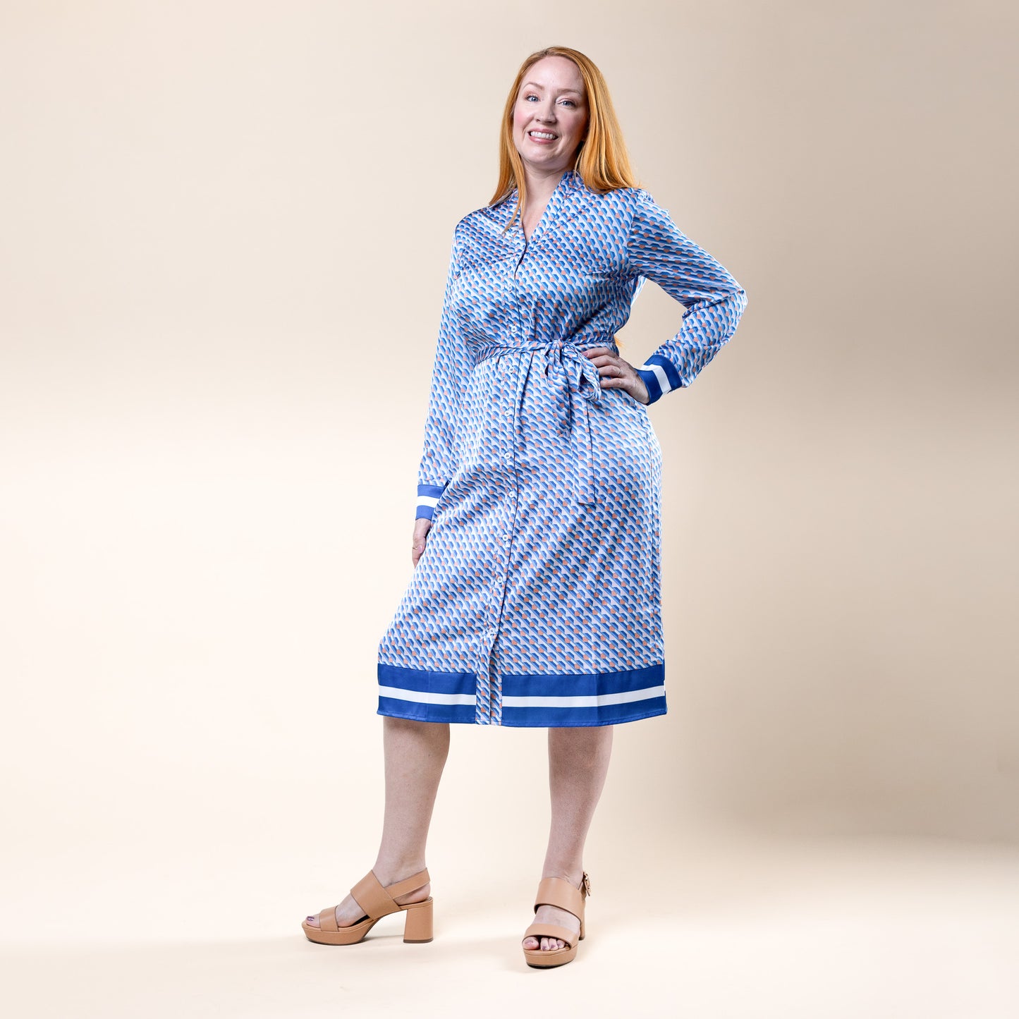 Long Sleeve Midi Dress Geo Print Blue