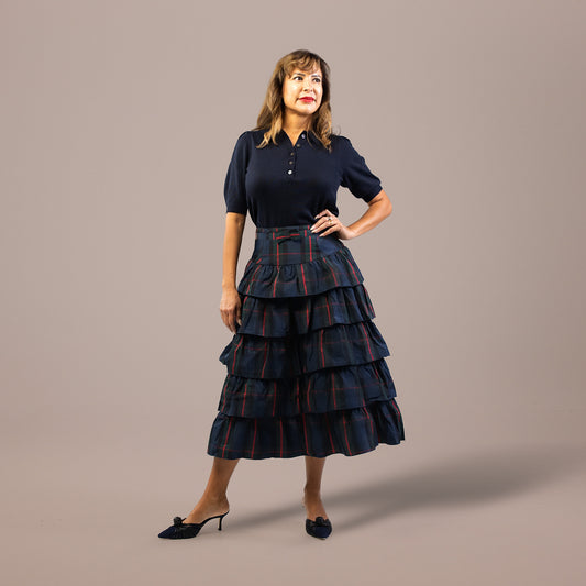 Tartan Tiered Midi Skirt Navy