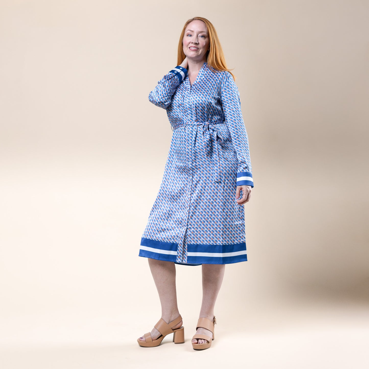 Long Sleeve Midi Dress Geo Print Blue