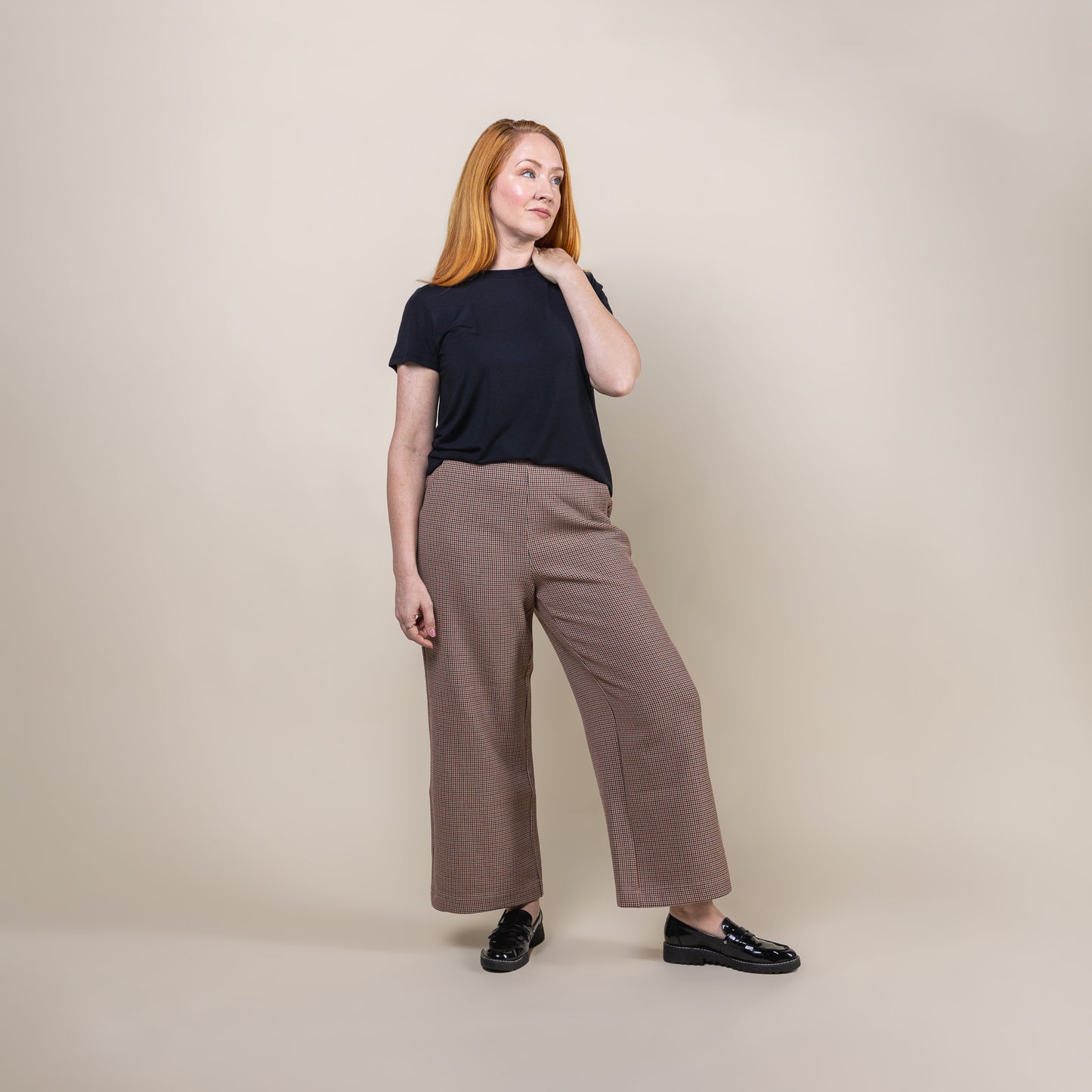 Houndstooth Wide Leg Ankle Pant Brown