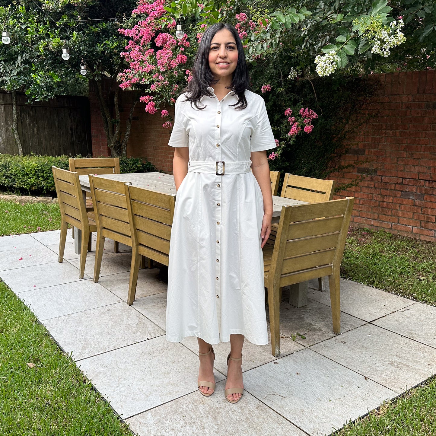A-Line Short Sleeve Midi Shirt Dress White
