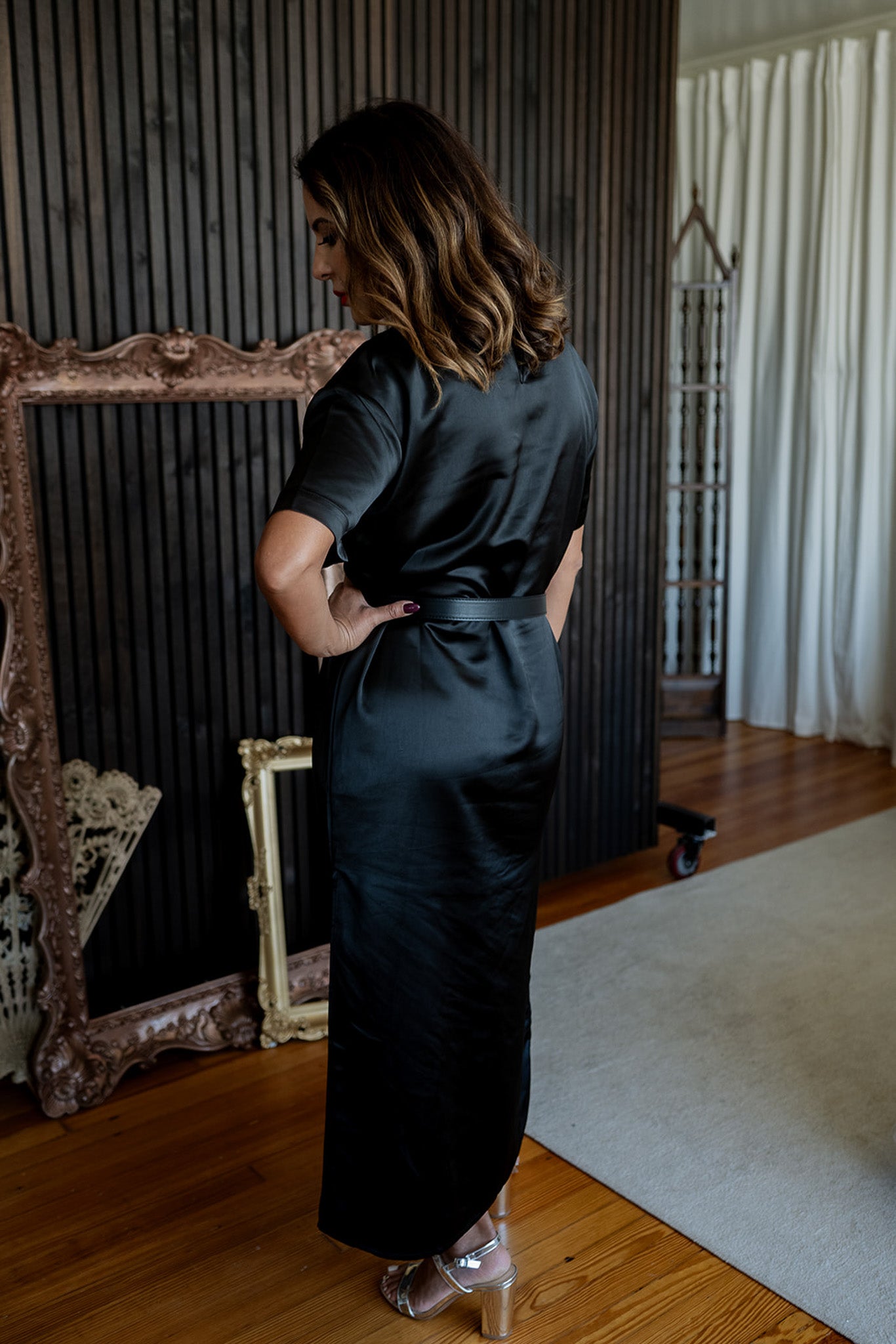 Short Sleeve Satin Column Maxi Dress Black