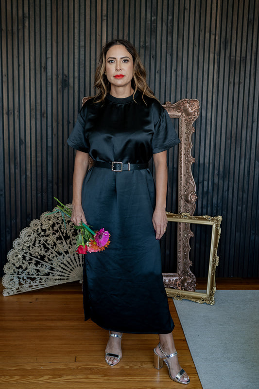 Short Sleeve Satin Column Maxi Dress Black