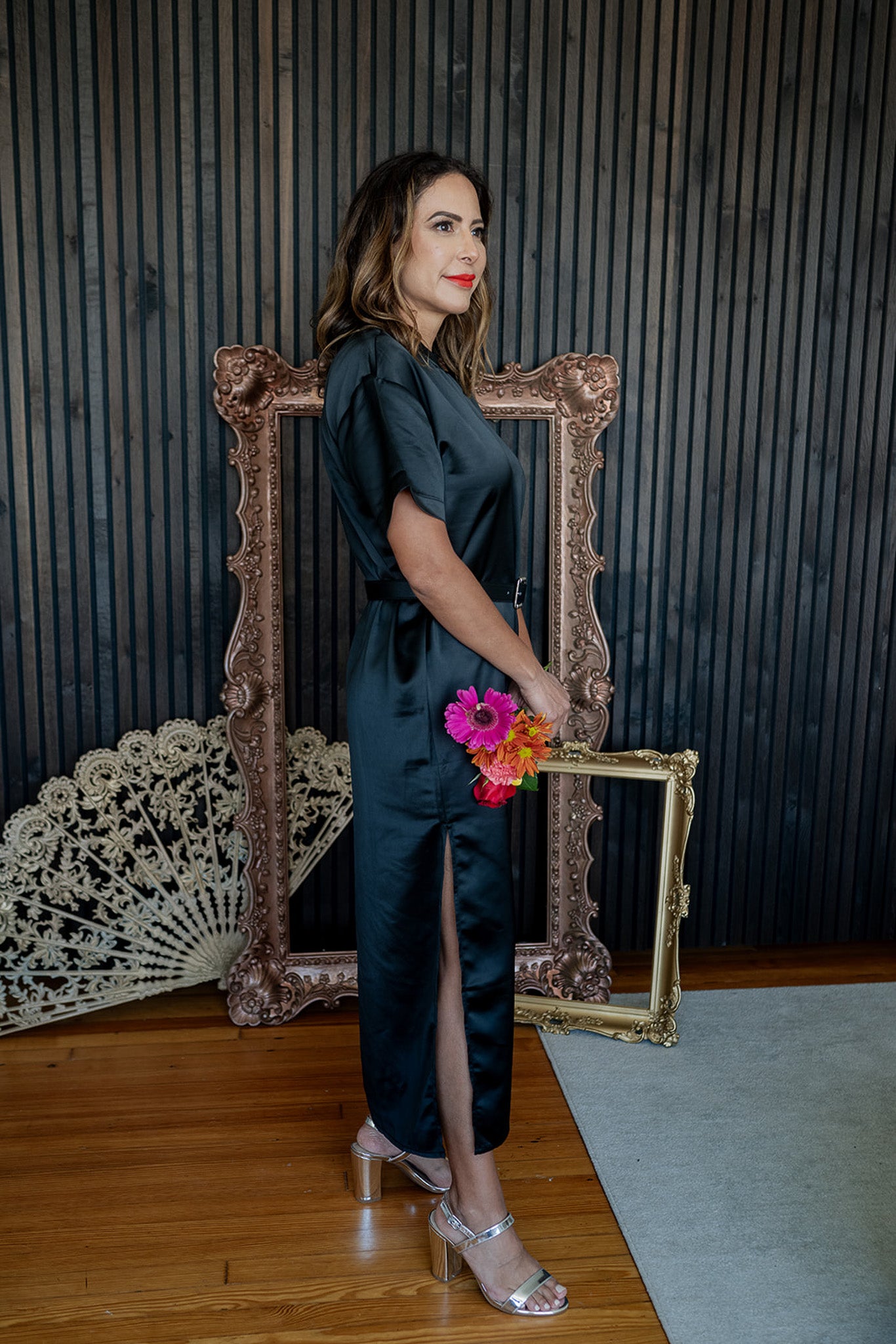 Short Sleeve Satin Column Maxi Dress Black