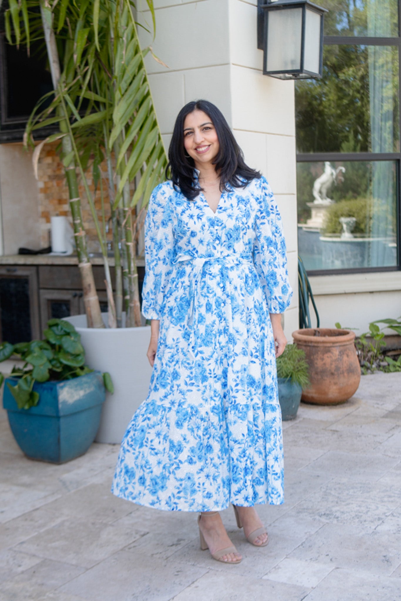 Blue floral long sleeve maxi dress hotsell