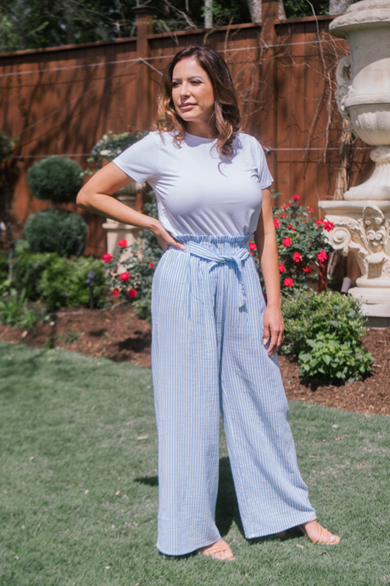 Blue and white striped wide leg trousers on sale