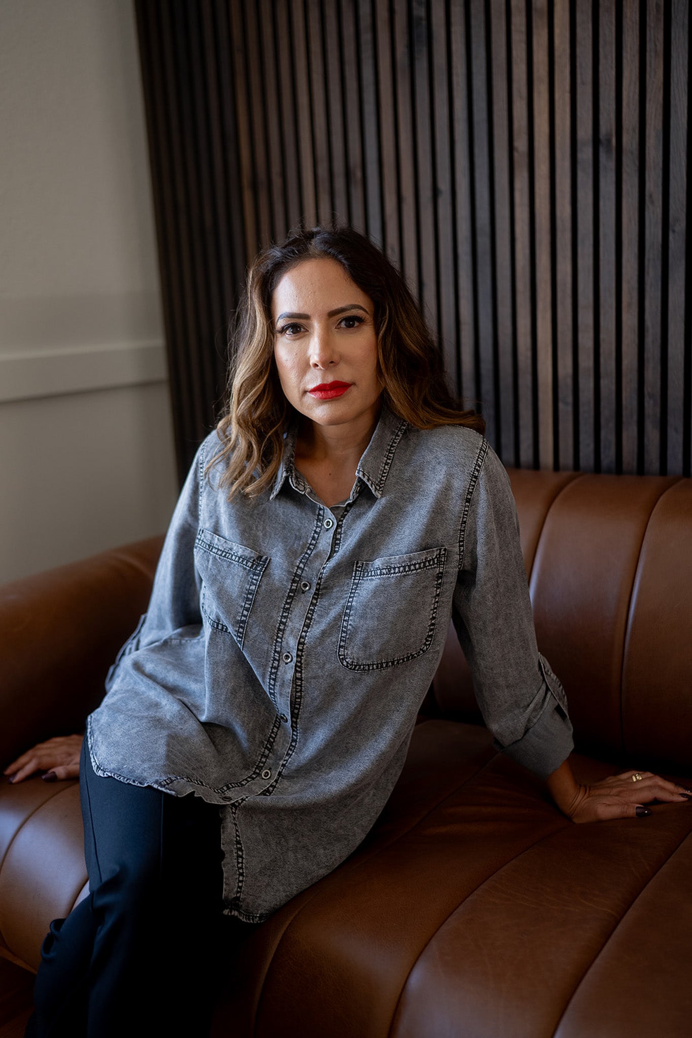 Denim Chambray Button Down Shirt Gray