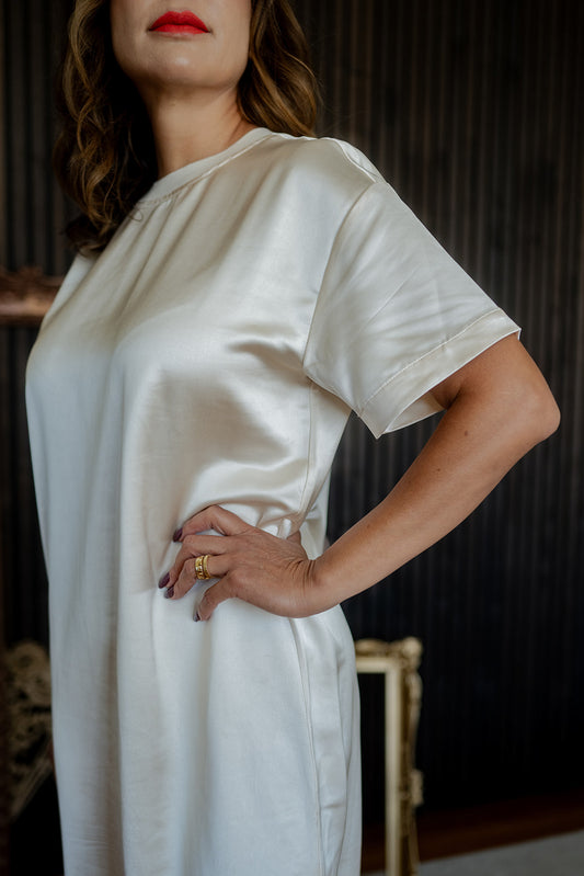 Short Sleeve Satin Column Maxi Dress Ivory